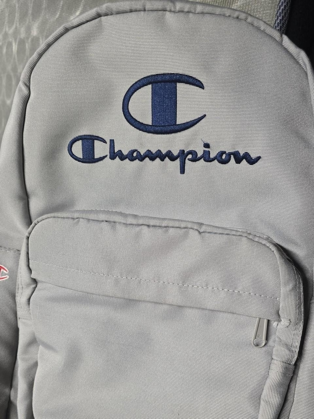 Champion Light Gray Backpack with Navy Embroidered Logo